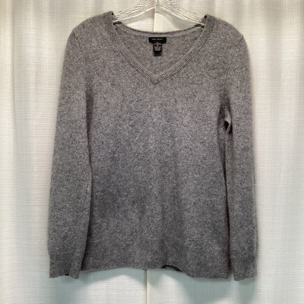 Only Mine Womens 100% Cashmere V-Neck Sweater Heather Grey 2-Ply Knit Size M